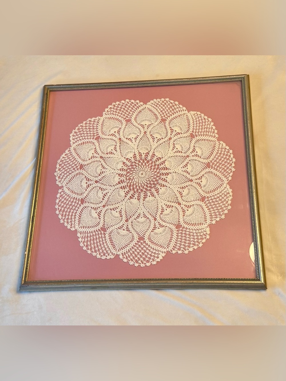VTG! Framed White Crochet Doily Wall Art on Pink Backing, Large